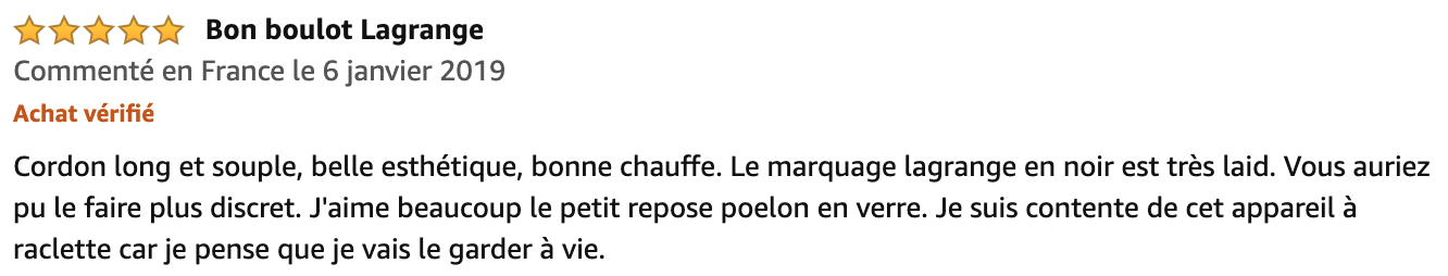commentaire Lagrange Elegance Raclette